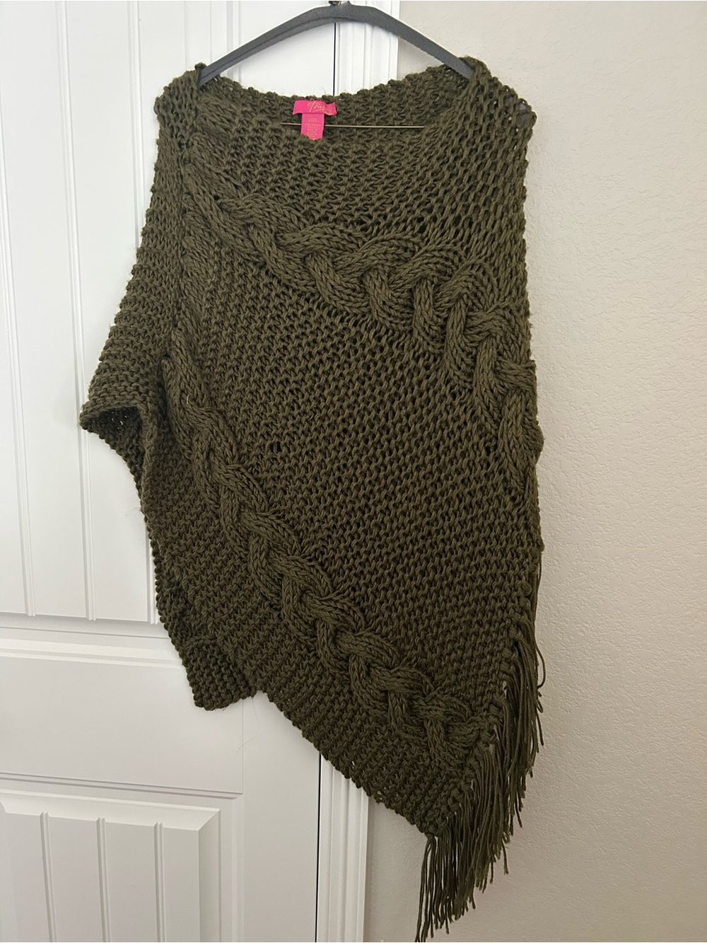 Olive Cable Knit Fringe Sweater Poncho